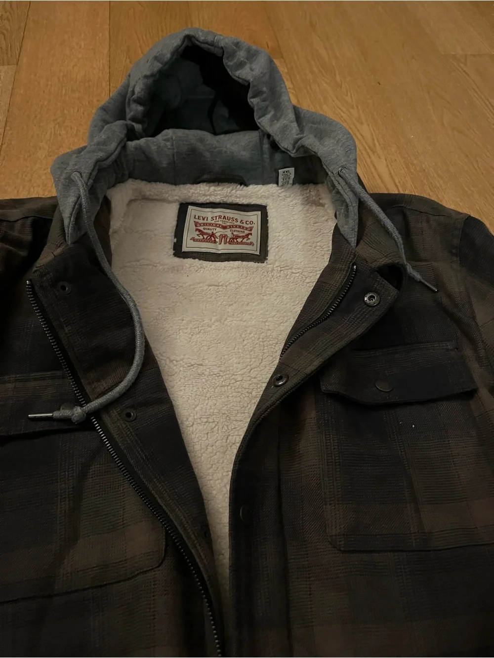 Levis Sherpa Lined Flannel Shirt Jacket Mens XXL New Brown Plaid Hooded Shacket - Picture 5 of 7